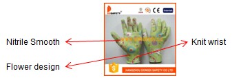 Green Nylon Flower Design Shell Transparent Nitrile Coating Gloves Dnn356