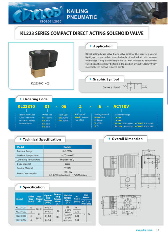 Kl223 Series Mini Type Direct Acting Water Solenoid Valve 24V