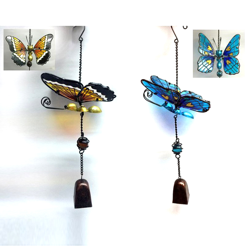 2 Asst Garden Metal Butterfly W. Stained Glass Windbell Craft