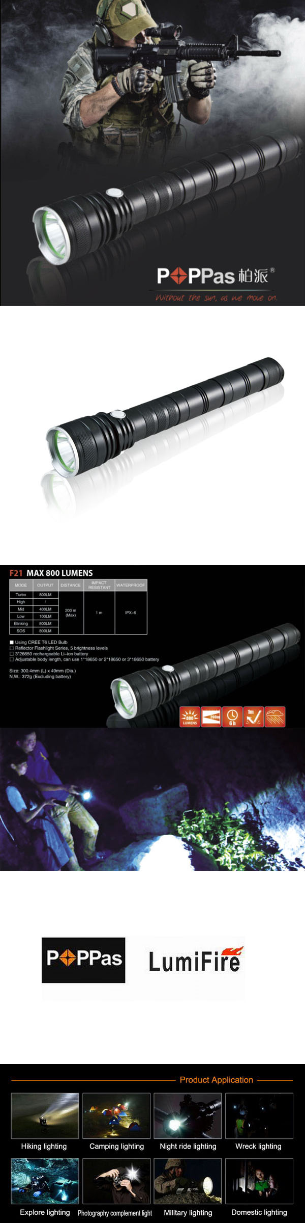 800lumens CREE Xm-L T6 Professional Tactical LED Flashlight (POPPAS- F21)