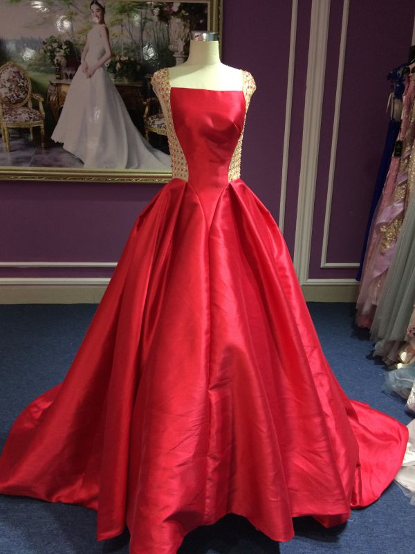 Red Satin Princess Wedding Dress with Delicate Beading Work