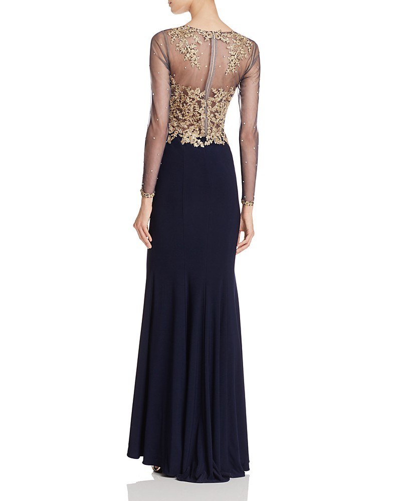 Embroidered Bodice Long Sleeves Evening Gown