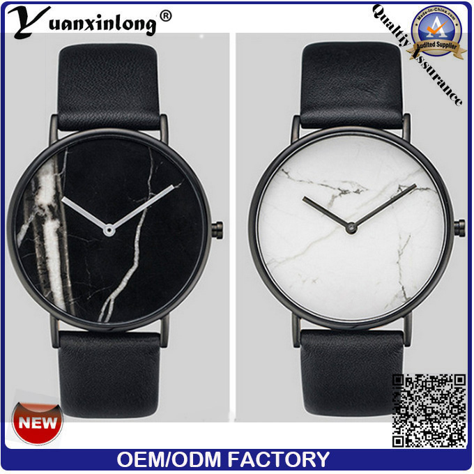 Yxl-686 Marble Stone Watch Face Stainless Steel Watch Case Black Genuine Leather Fashion Watch