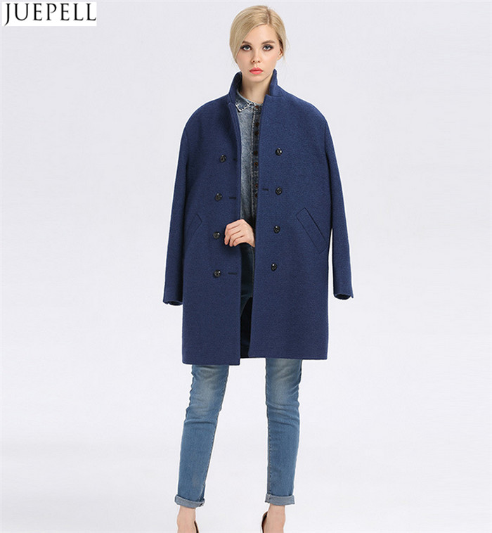 European Brand New Good Quality Women Winter Coat Long Double-Breasted Women's Windbreaker Blue Wool Coat