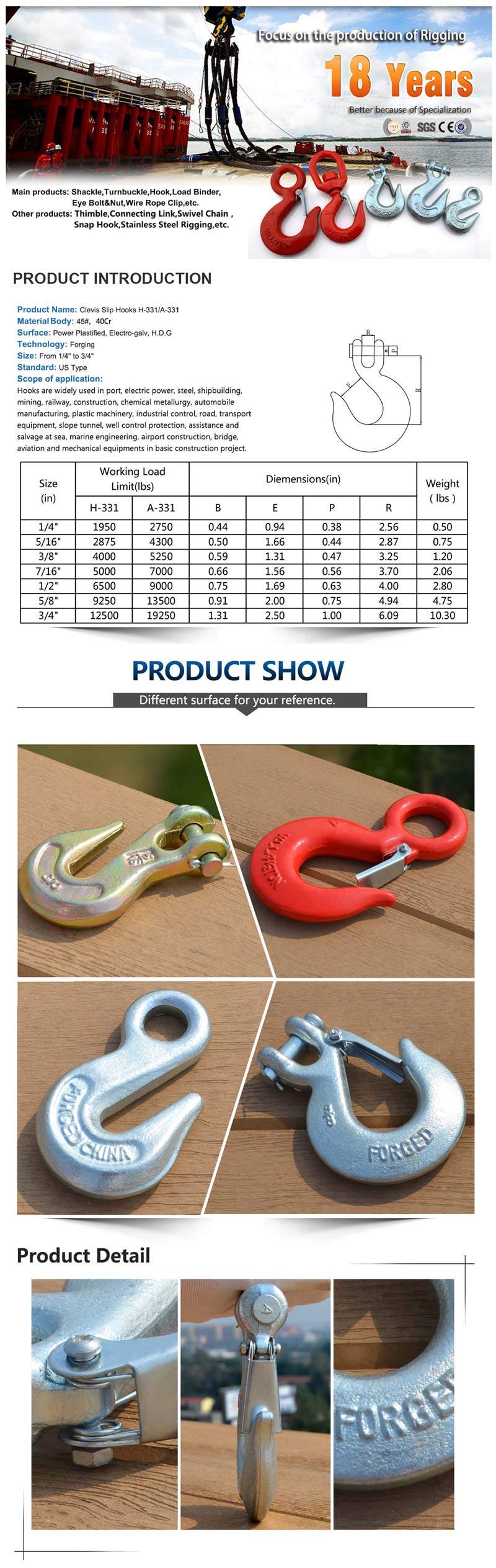 H331 Steel Drop Forged Galvanized Clevis Slip Hook with Latch