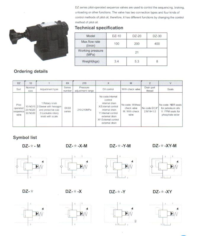 Dz Series Pilot Operated Pressure Sequence Valve