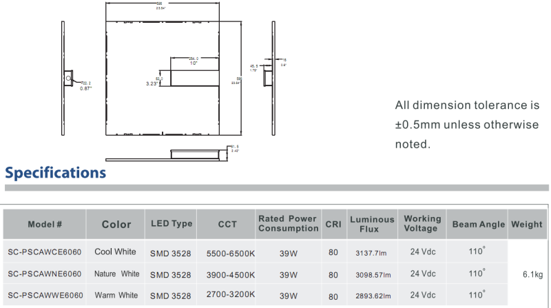 35W/39W/45W/55W/66W Super Slim Square LED Panel Light with CE RoHS UL