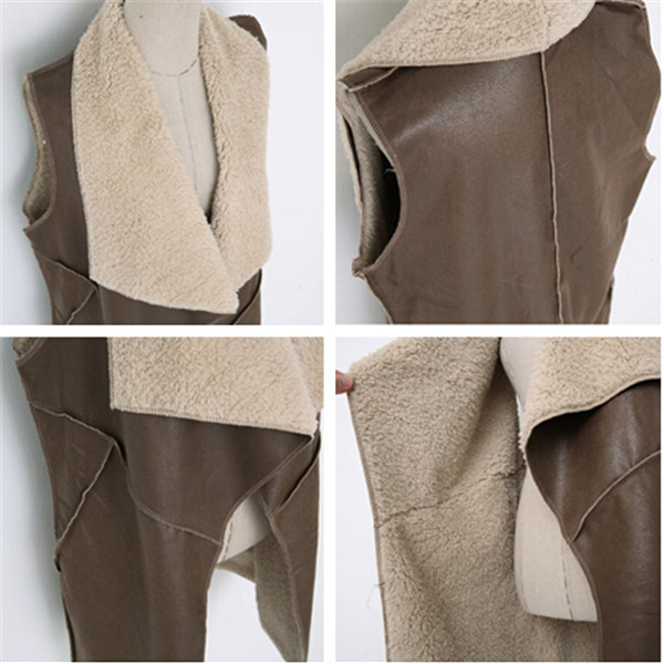 Womens Warm Winter PU Leather+Faux Fur Liner Vest Waistcoat Jacket