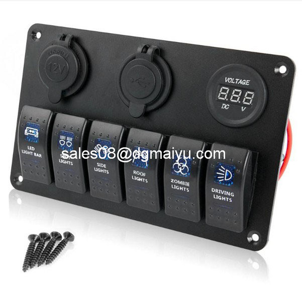 6 Gang LED Car Boat Rocker Switch Panel 2 USB Socket Cigaretter Plug Voltmeter Car Auto Switches LED Switch USB Rocker Switch