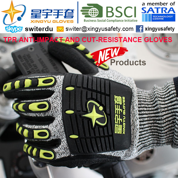 Cut-Resistance and Anti-Impact TPR Gloves, 18g Hppe Shell Cut-Level 3, Sandy Nitrile Palm Coated, Anti-Impact TPR on Back Mechanic Gloves