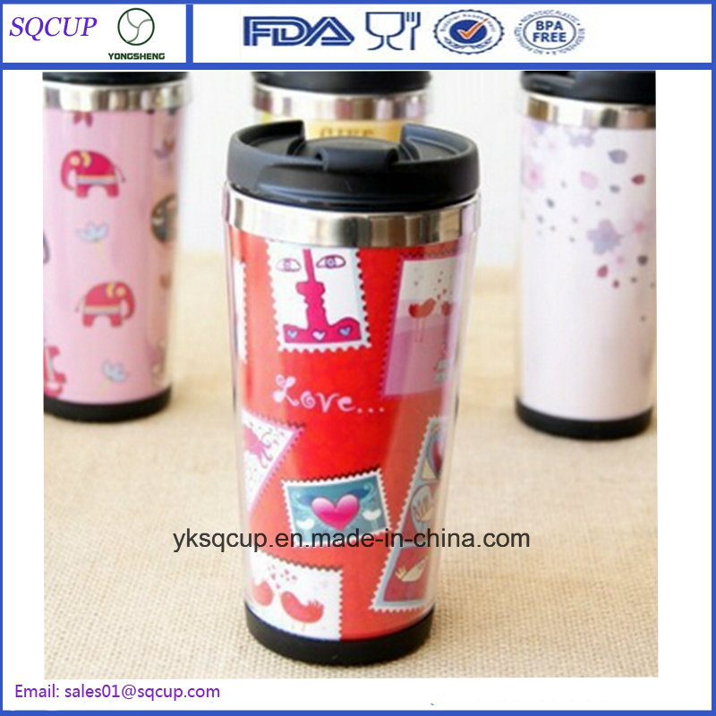 Wholesale Double Wall Heat Preserve Stainless Steel Auto Mug/Thermos Cup Plastic Outer Tumbler Cup with Paper Insert