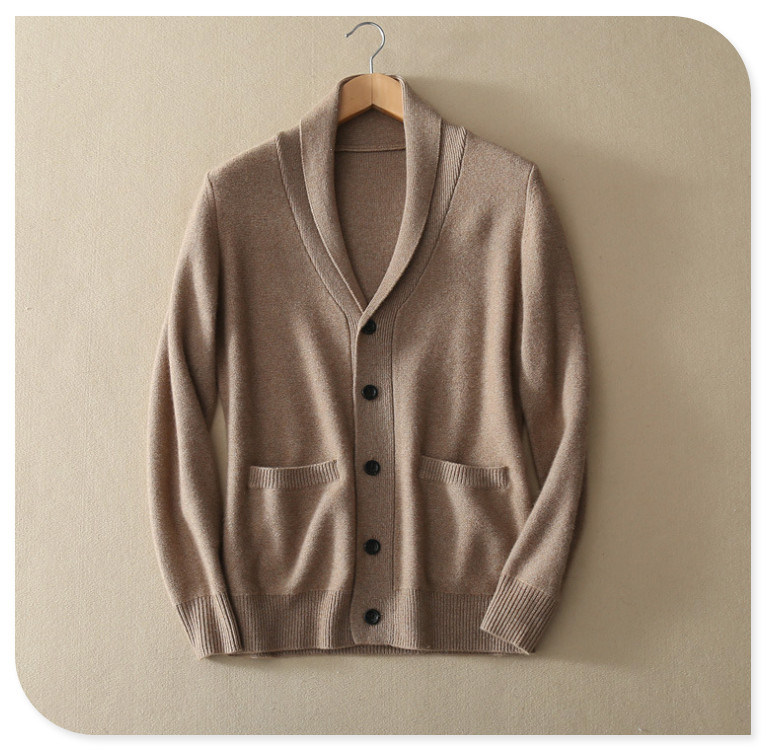 Men's Pure Cashmere Knitting Cardigan for Winter Thick Sweater Coat with Insert Pocket V Neck Single Breasted