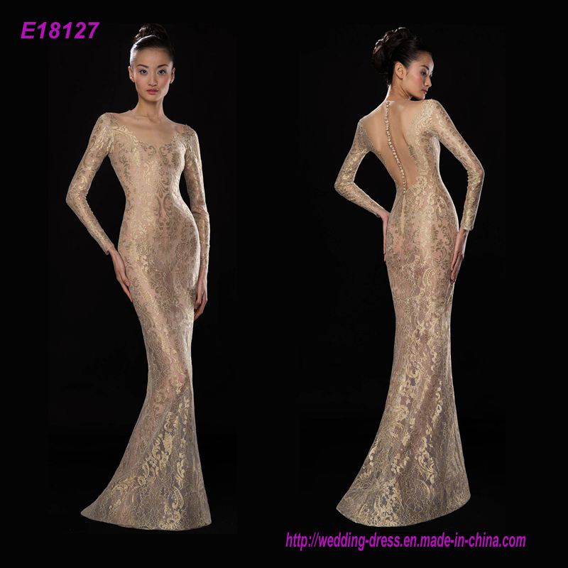 New Fashion Top Quality Transparent Gold Lace Long Sleeves Party Evening Dresses Floor Length Dress