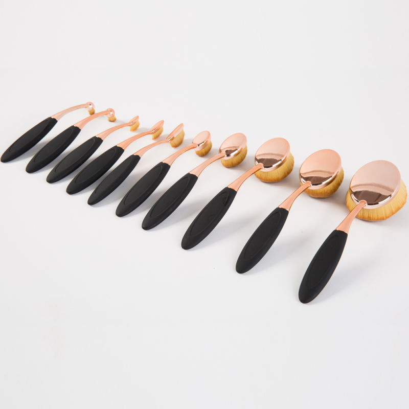 10PCS Rose Gold Handle Oval Makeup Brush Set with Black Box