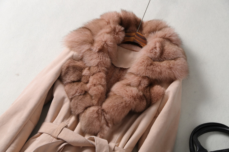 New Design Lady's Genuine Shearing Leather and Fur Jacket Long Style Fox Fur