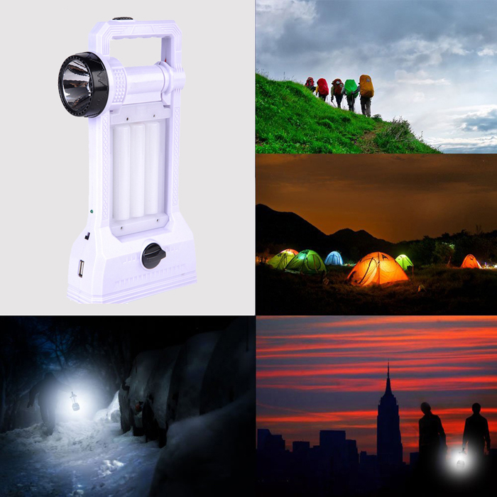 Solar LED Light with Camping Lantern, LED Torch, Desk Lamp, USB Outlet