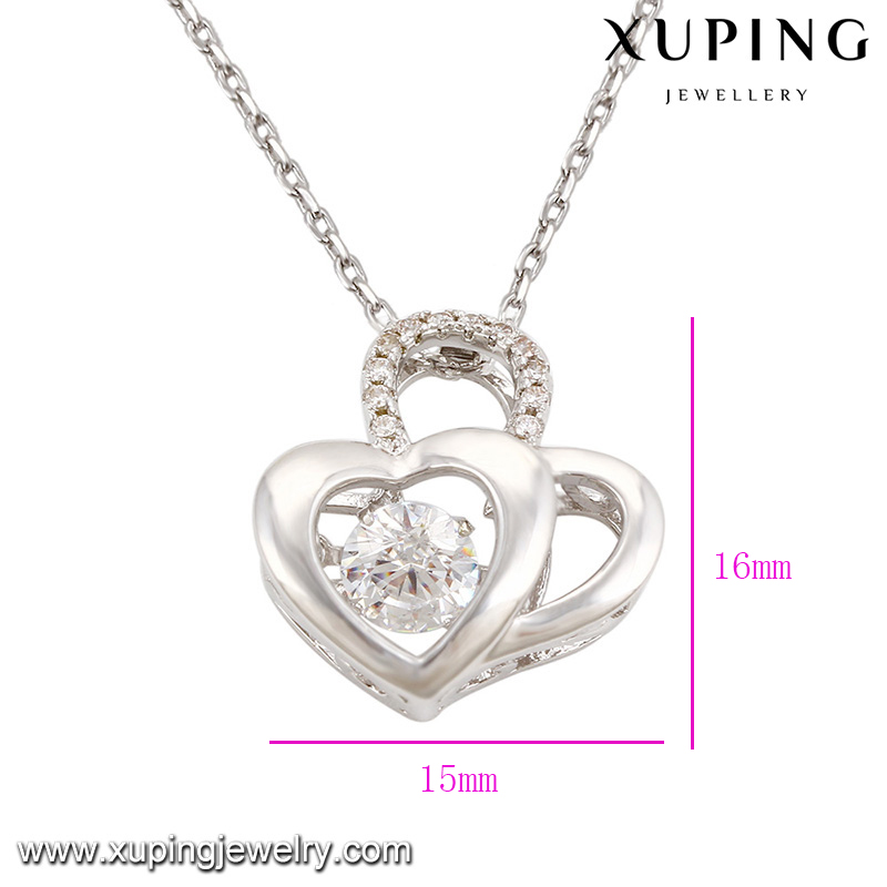 Necklace-00085 Fashion Elegant CZ Diamond Double Heart Rhodium-Plated Imitation Jewelry Pendant Necklace