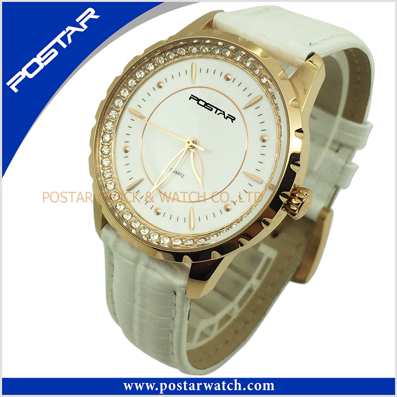 Jewelry High Quality Stainless Steel Leather Watch with IP Gold Plating