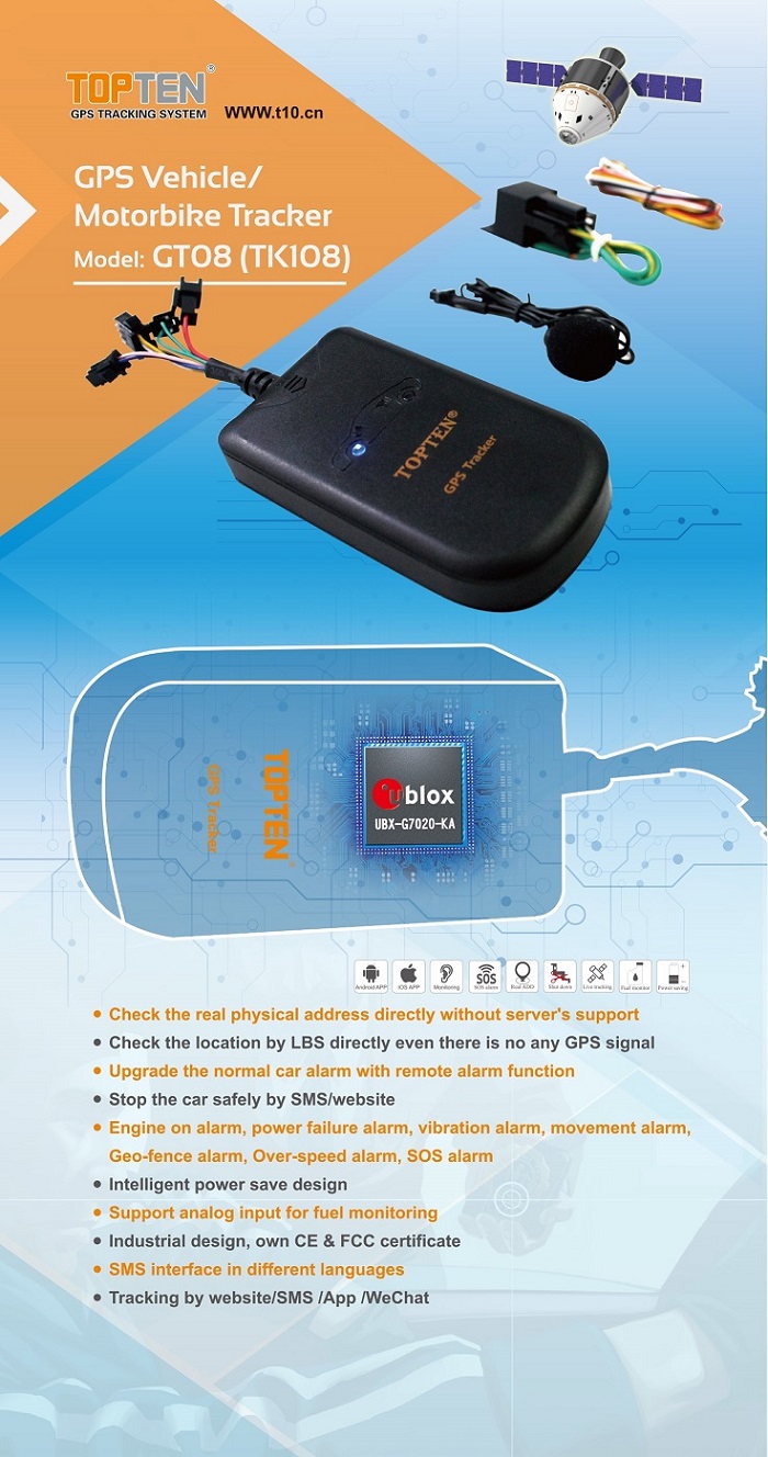GPS Car Receiver with Alarm System, Over-Speed Alert, Sos Panic Button, Free APP (GT08-ER)