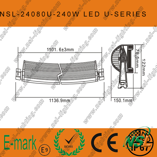 240W LED CREE Curved-U Light Bar off Road, Spot/Flood/Combo LED Light Bar off Road Driving