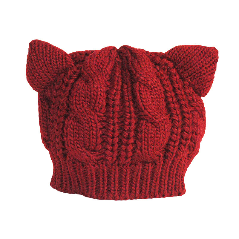 Women Girl Cute Cat Ear Cable Twist Knitted Meow Cap Beanie Winter Autumn Hats (HW103)