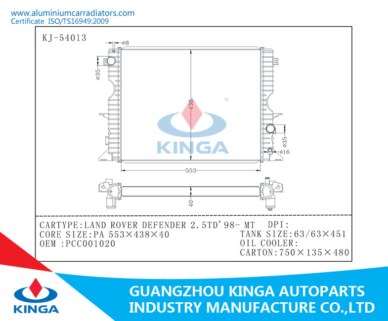 Land Rover Auto Radiator for Defender 2.5td'98 Mt OEM PCC001020 with Hight Performence