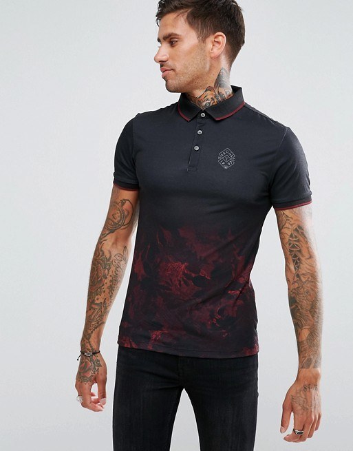 Black Print Polo with Fade Leaf