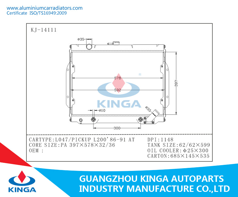 Auto Aluminumun Radiator Factory for Mitsubishi L047/ Pickup L200 Engine Parts