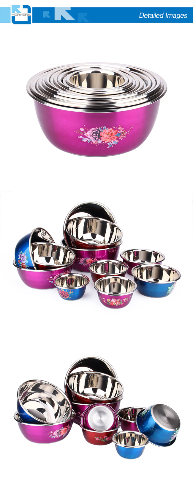 SGS Multi-Size Polychrome Stainless Steel Salad Bowl Mixing Bowl Set