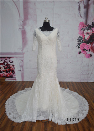 Short Sleeve Champagne Color Mermaid Train Wedding Dress Bridal Gown