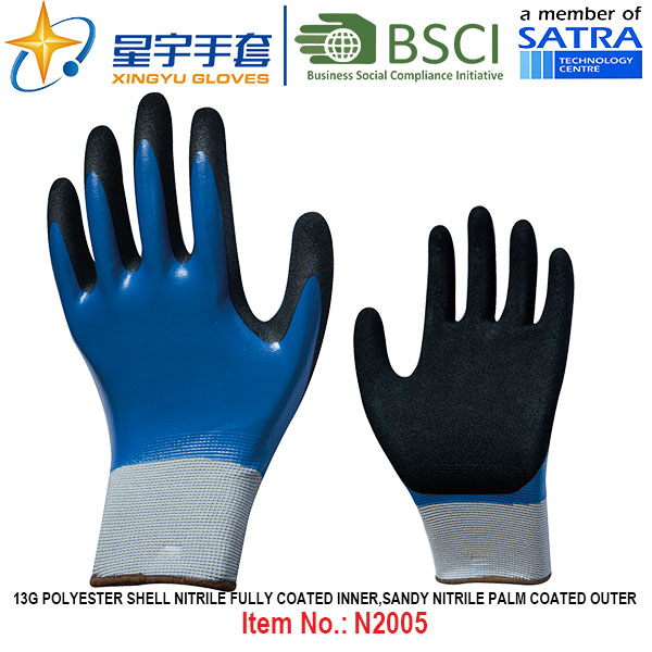 13G Polyester Shell Nitrile Fully Coated Inner, Sandy Nitrile Palm Coated Outer Gloves (N2005) with CE, En388, En420, Work Gloves