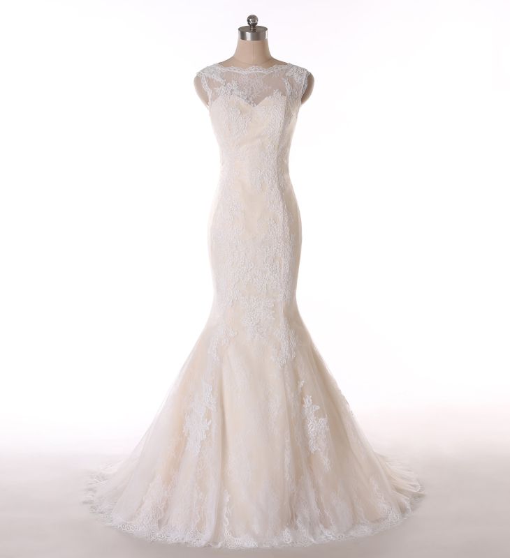 Mermaid Champagne Sheer Neck Wedding Dress with Appliques