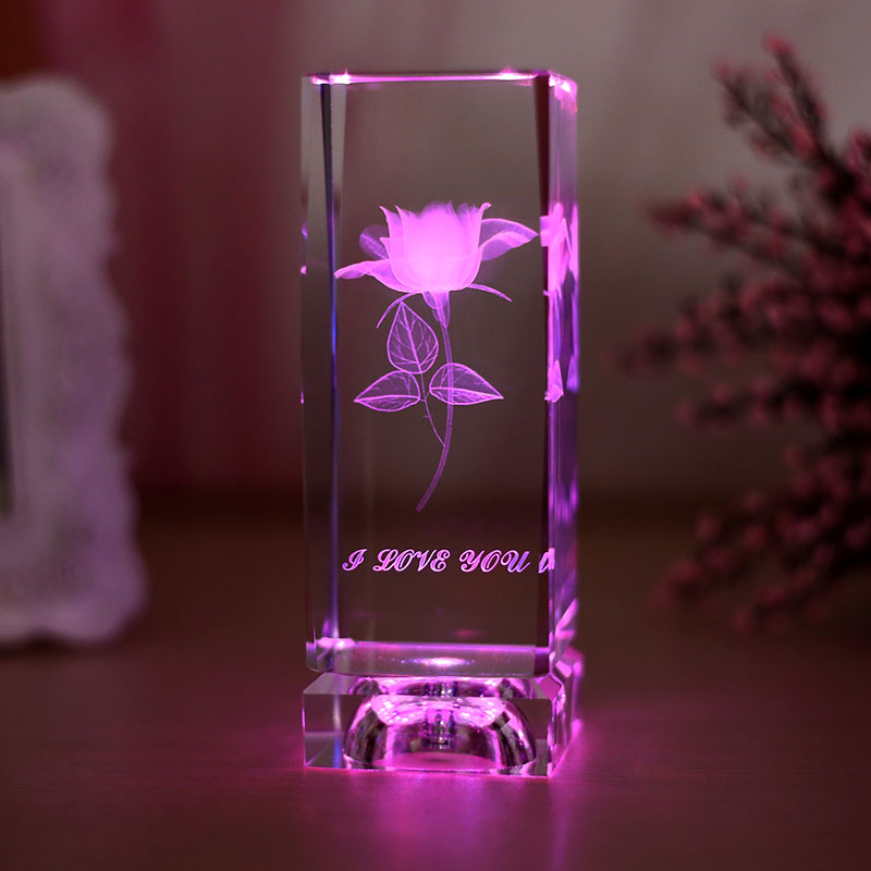 Novelty Birthday Gifts Rotate 3D Laser Crystal Rose Flower Cube