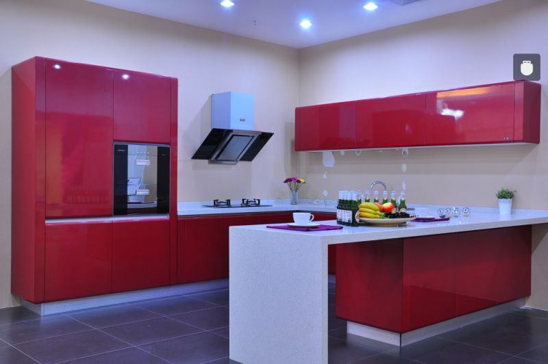 L Shape Red MDF Lacquer Kitchen Cabinet (pl-m-051)