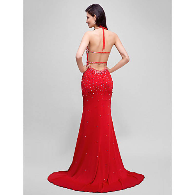 Formal Evening Dress Trumpet Mermaid Halter Sweep Brush Train Jersey with Beading