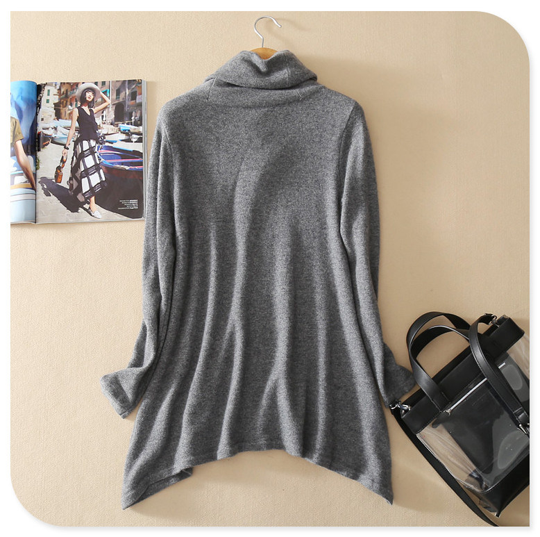 New Design Knitwear Turtleneck Long Sleeves Pullover Pure Cashmere Sweater with Irregular Hem for Spring