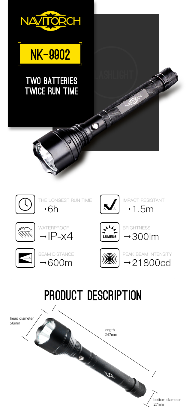 1000m Dual Batteries Long Run Time LED Flashlight Torch Lamp (NK-9902)