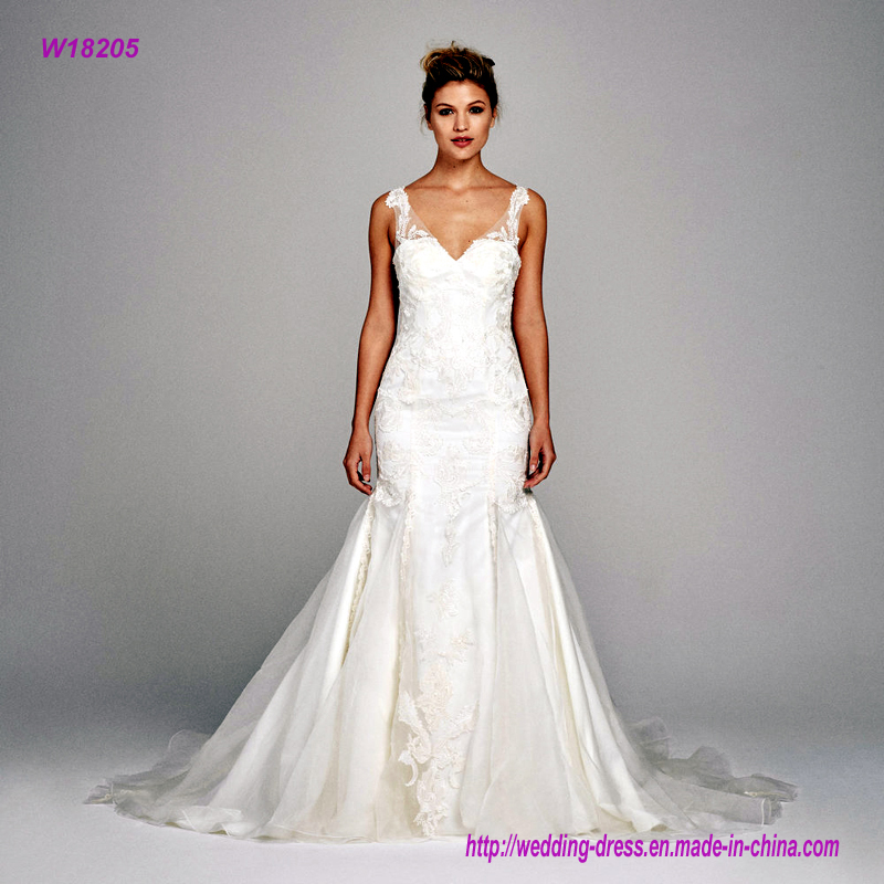 Silk Organza V-Neck with Embroidery Lace Wedding Dress