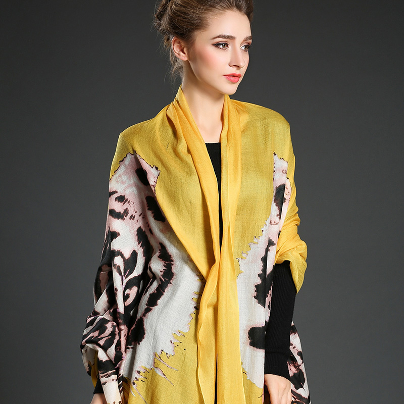 Women Long Wool Tiger Pattern Digital Printing Yellow Muffler Scarf