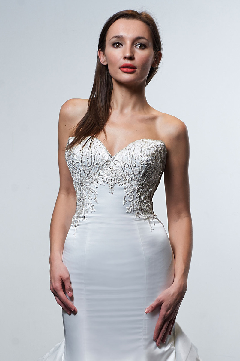Strapless Bodice Accented with Intricate Beading Wedding Dress with Flare Skirt of Structured Layered Train