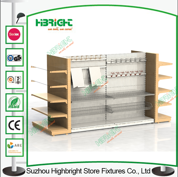Supermarket Gondola Display Shelves with Wood Shelf