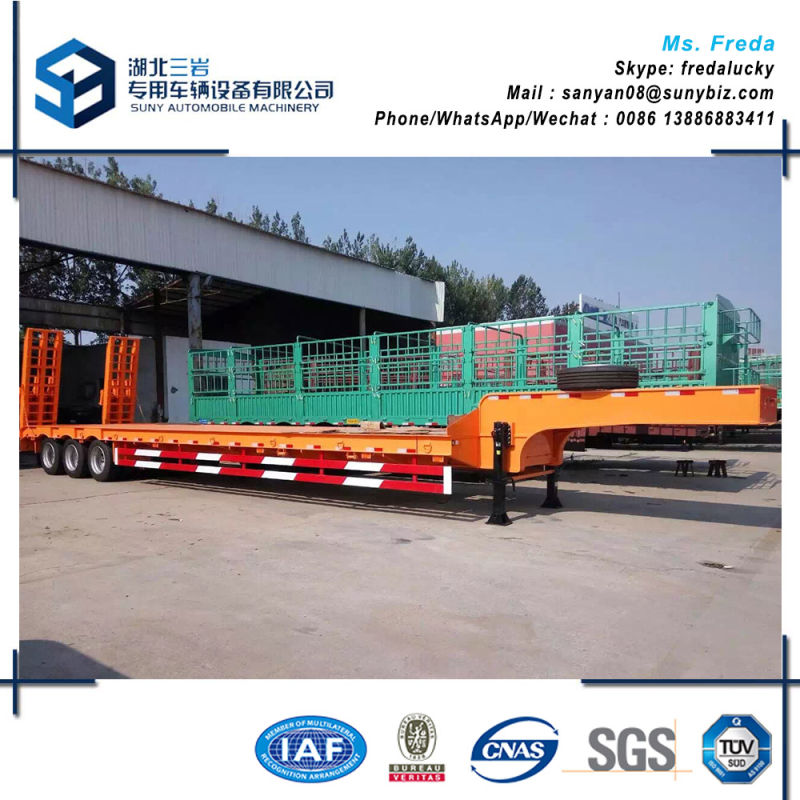 50t 3 Axles Low Flat Bed Plate Semi Trailer with Hydraulic Ladder