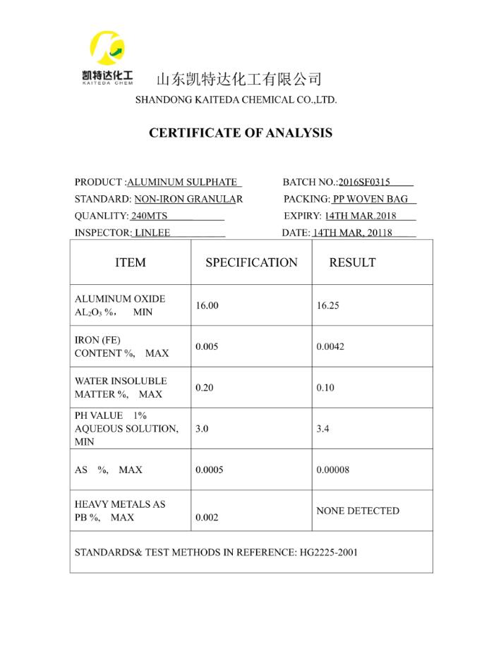 15%/16%/17% Aluminium Sulphate for Water Treatment