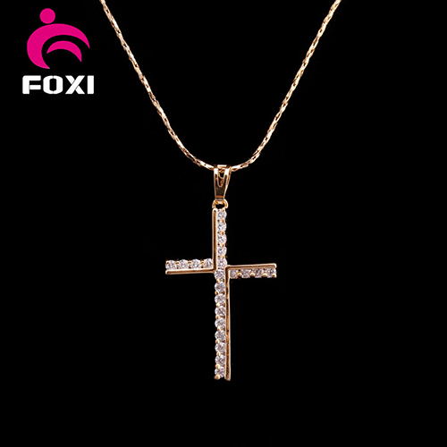 Pure Gold Plated Micro Pave Cubic Zirconia CZ Charm Cross Necklaces