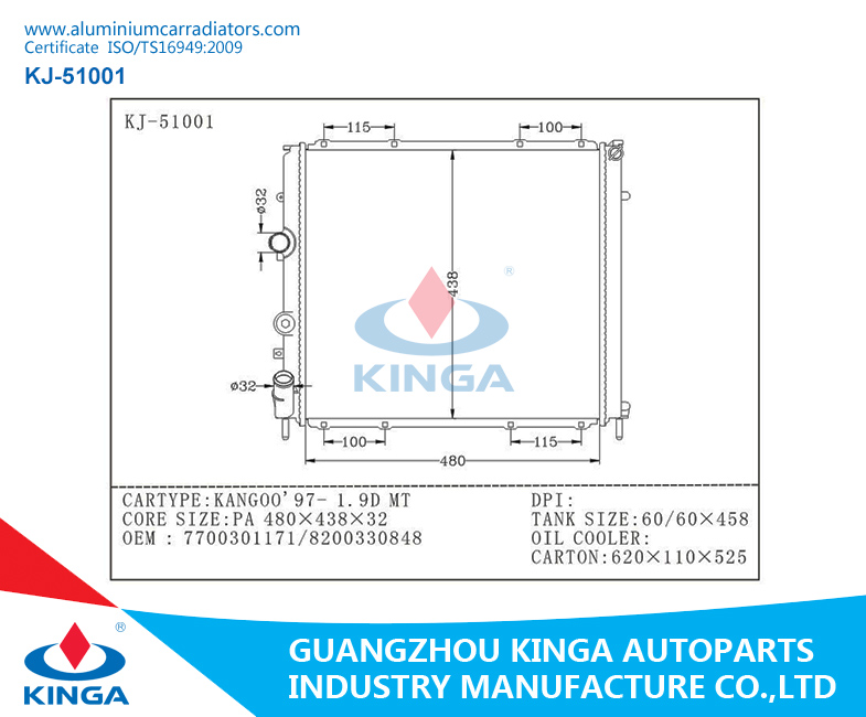 Car Auto Aluminum for Renault Radiator for OEM 7700301171/8200330848