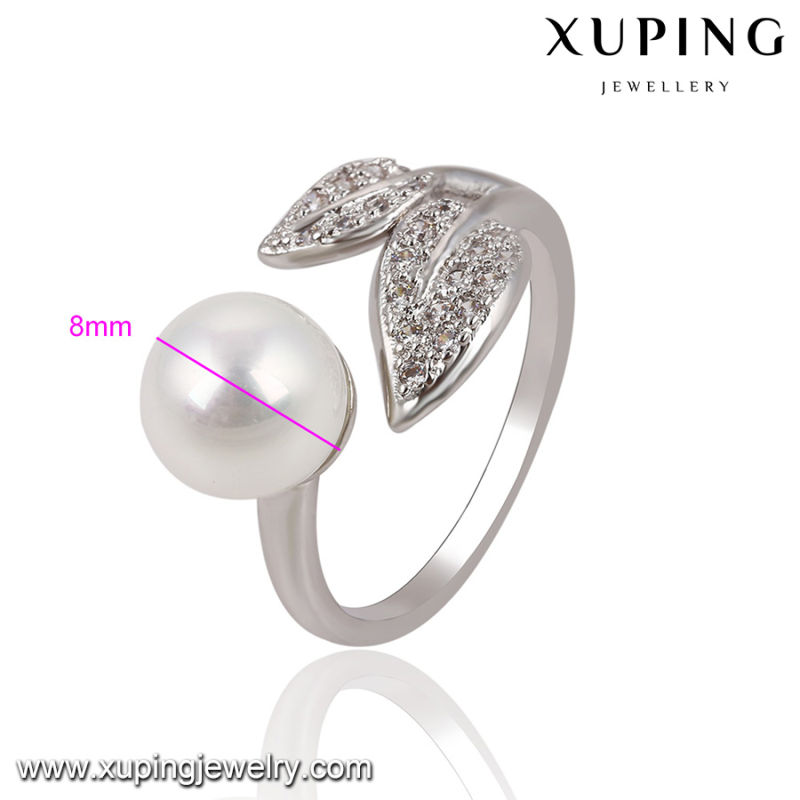 13755 Fashion Pretty CZ Round Pearl Leaf Silver-Plated Jewelry Finger Ring for Women