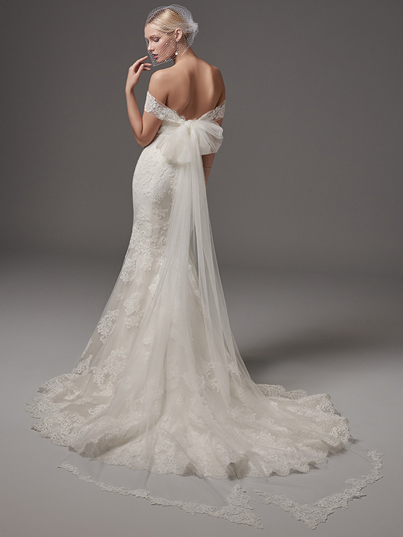 Sweetheart Neckline off Shoulder Wedding Dress with a Large Bow on The Back