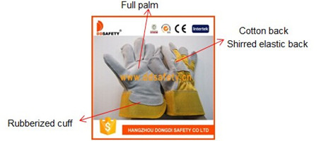 Cow Split Leather Work Gloves Yellow Cotton Drill Back Safety Gloves Dlc213