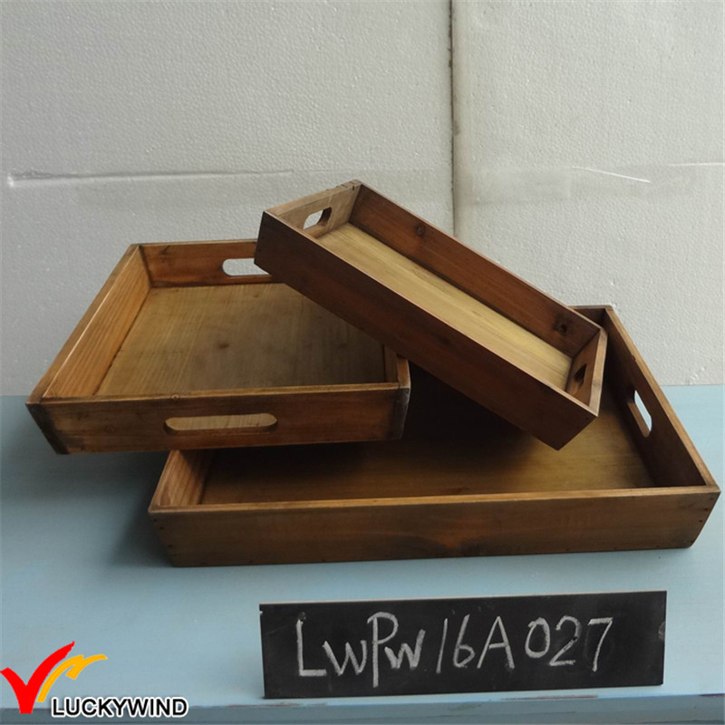 Set 3 Vintage Farm Style Rectangle Solid Wood Tray Serving