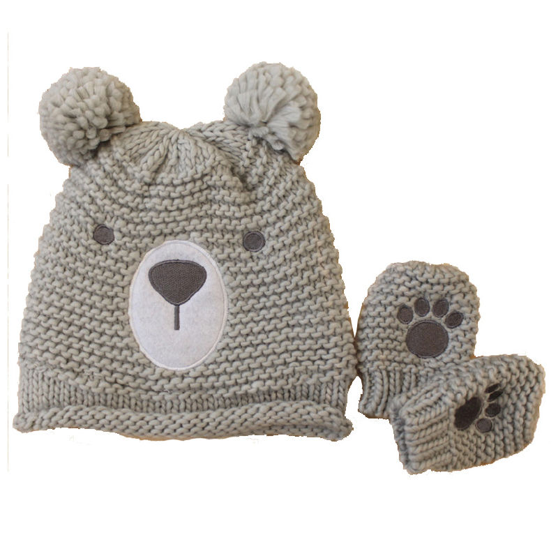 Children Baby Kids Knitted Bear Printing Embroidery Gloves Mitten Warm Beanie Hat (HW634S)